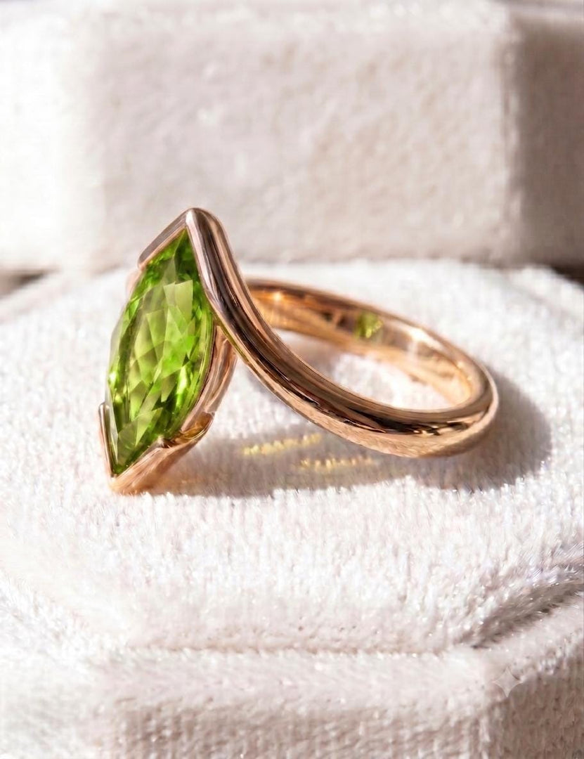 Green Peridot Engagement Ring, Marquise Cut, Rose Gold Ring, Sterling Silver, August Birthstone Solitaire Ring, Half Bezel, Anniversary Gift