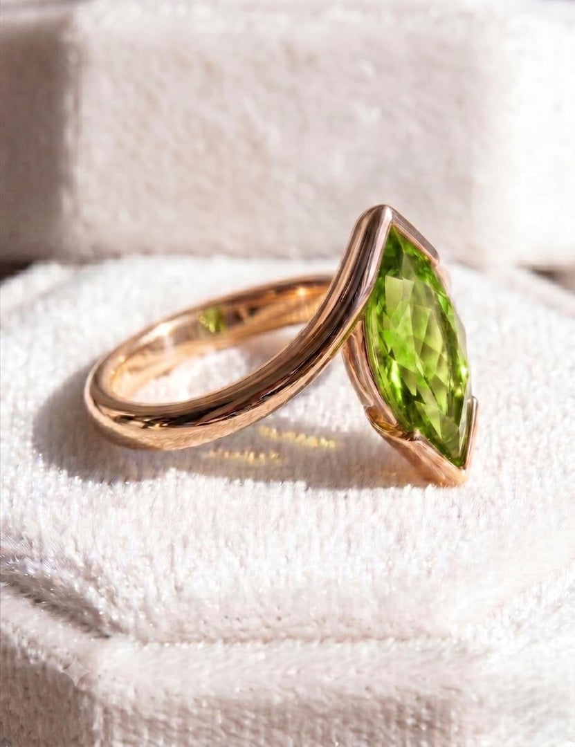 Green Peridot Engagement Ring, Marquise Cut, Rose Gold Ring, Sterling Silver, August Birthstone Solitaire Ring, Half Bezel, Anniversary Gift