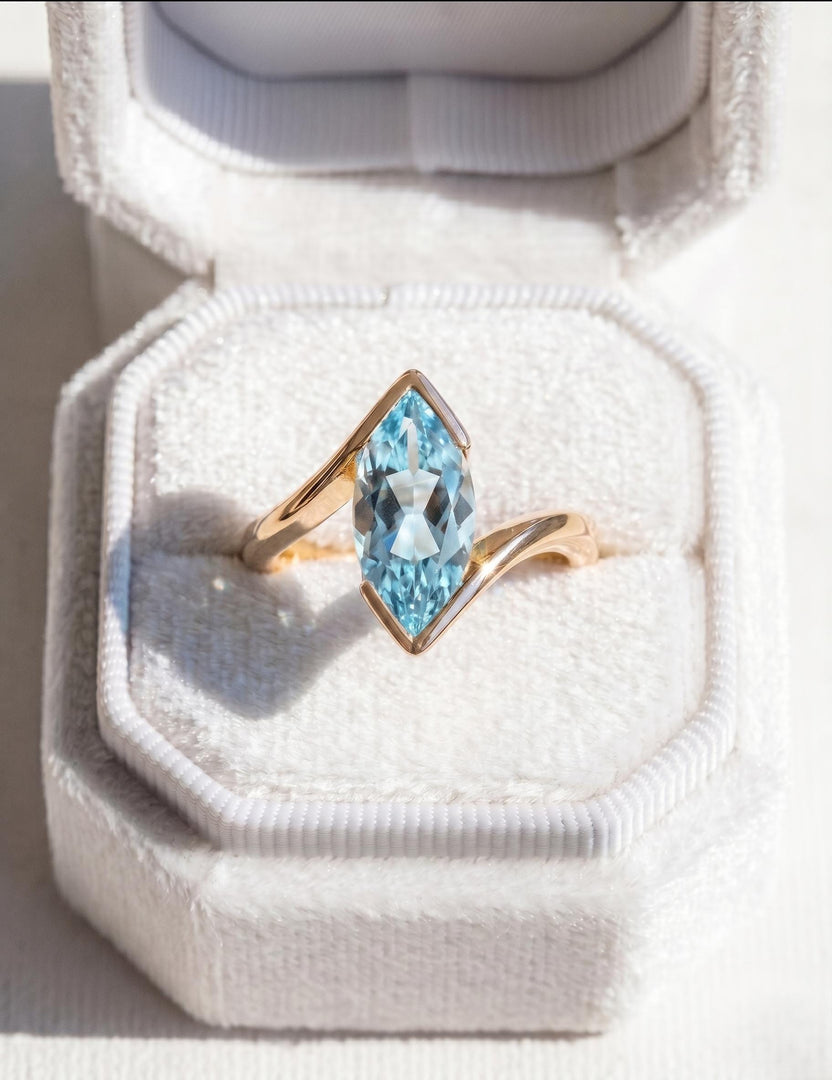 Aquamarine Engagement Ring, Marquise Cut, Rose Gold Ring, Bridal Ring Vintage Blue Gemstone, Half Bezel Band, Promise Ring, Anniversary Gift