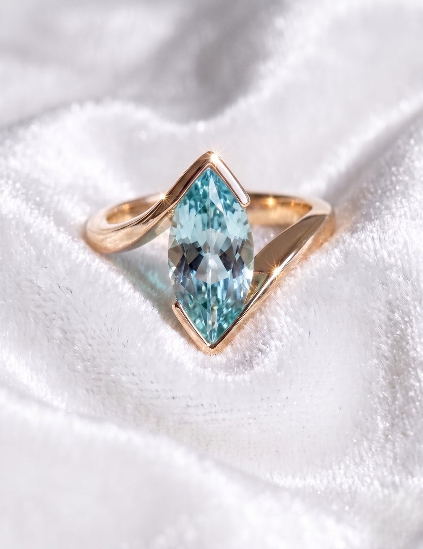 Aquamarine Engagement Ring, Marquise Cut, Rose Gold Ring, Bridal Ring Vintage Blue Gemstone, Half Bezel Band, Promise Ring, Anniversary Gift