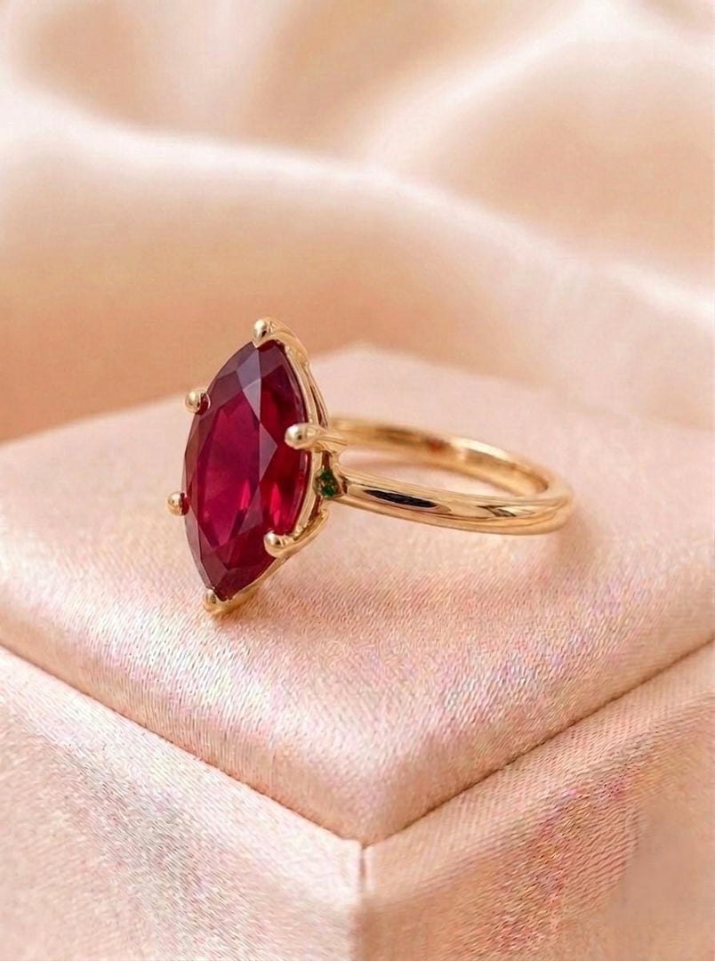 Marquise Cut Lab Ruby Ring, Yellow Gold Vermeil 925 Sterling Silver
