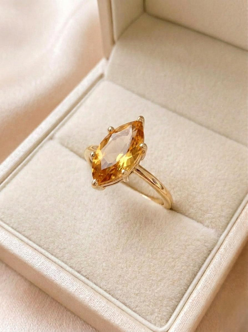 Natural Citrine Engagement Ring, Marquise Cut, 14K Gold Vermeil Ring, November Birthstone Jewelry, Minimalist Gemstone Ring, Gift for her