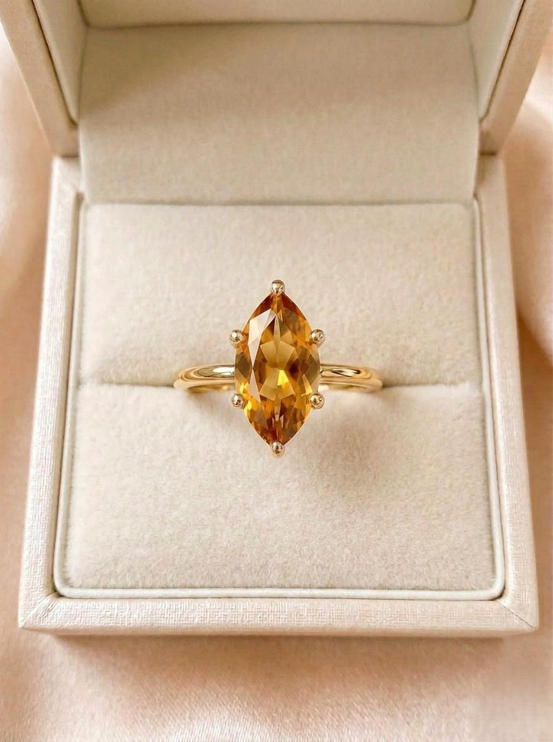 Natural Citrine Engagement Ring, Marquise Cut, 14K Gold Vermeil Ring, November Birthstone Jewelry, Minimalist Gemstone Ring, Gift for her