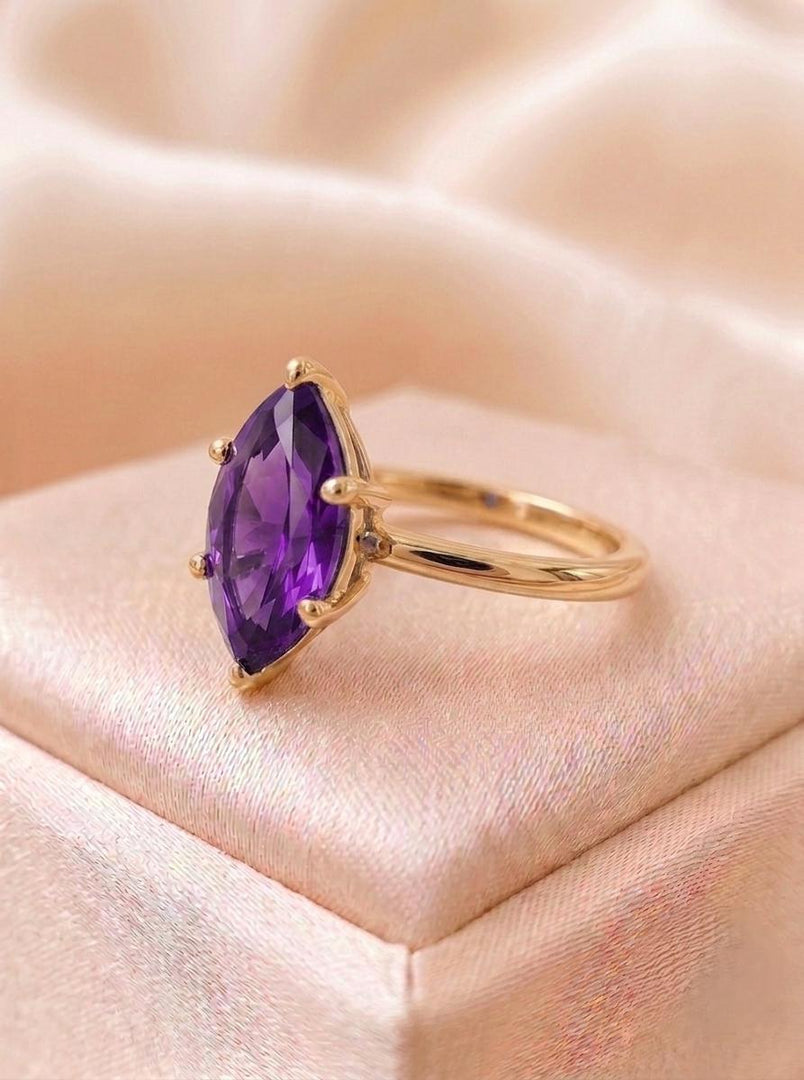 Purple Amethyst Engagement Ring, Marquise Cut Solitaire Ring, 14K Gold Ring, Purple Gemstone, Anniversary Ring, Promise Ring. Gift For Women