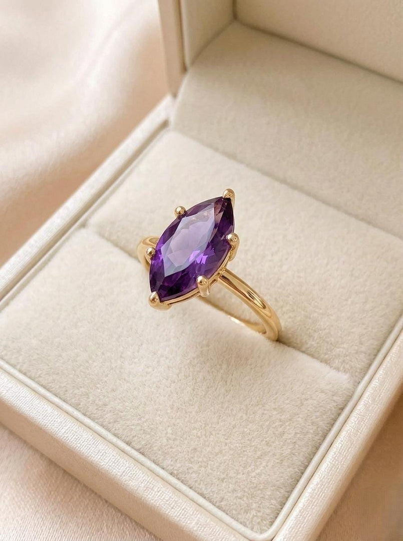 Purple Amethyst Engagement Ring, Marquise Cut Solitaire Ring, 14K Gold Ring, Purple Gemstone, Anniversary Ring, Promise Ring. Gift For Women
