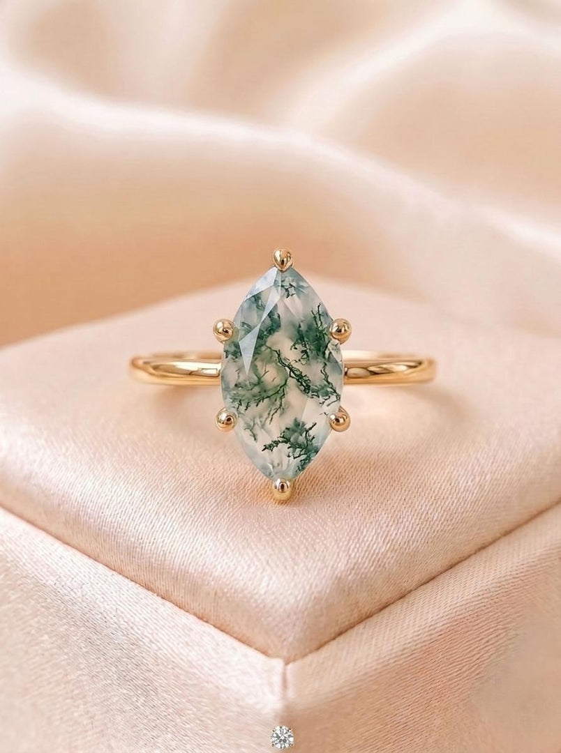 Vintage Moss Agate Engagement Ring, Marquise Cut, 14K Gold Ring, 6 Prongs Ring, Solitaire Promise Ring, Women Ring, Anniversary Gift For Her