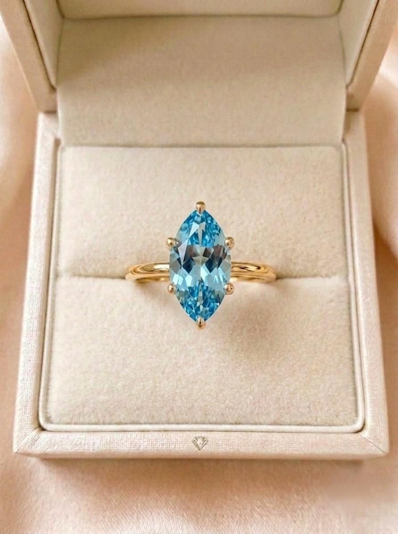 Lab Aquamarine Engagement Ring, Marquise Cut, 14K Gold Ring Minimalist Solitaire Promise Ring, Dainty Blue Gemstone, Bridal Jewelry For Gift