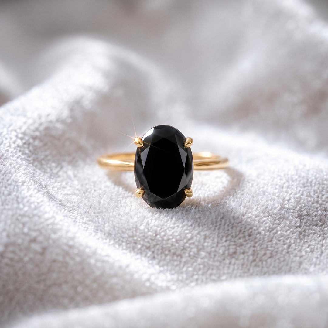 Black Onyx Engagement Ring, Oval Cut, Natural Black Onyx, 14K Gold, Beautiful Ring, Women Ring, Halo Bridal Ring, Promise Ring Gift For Her