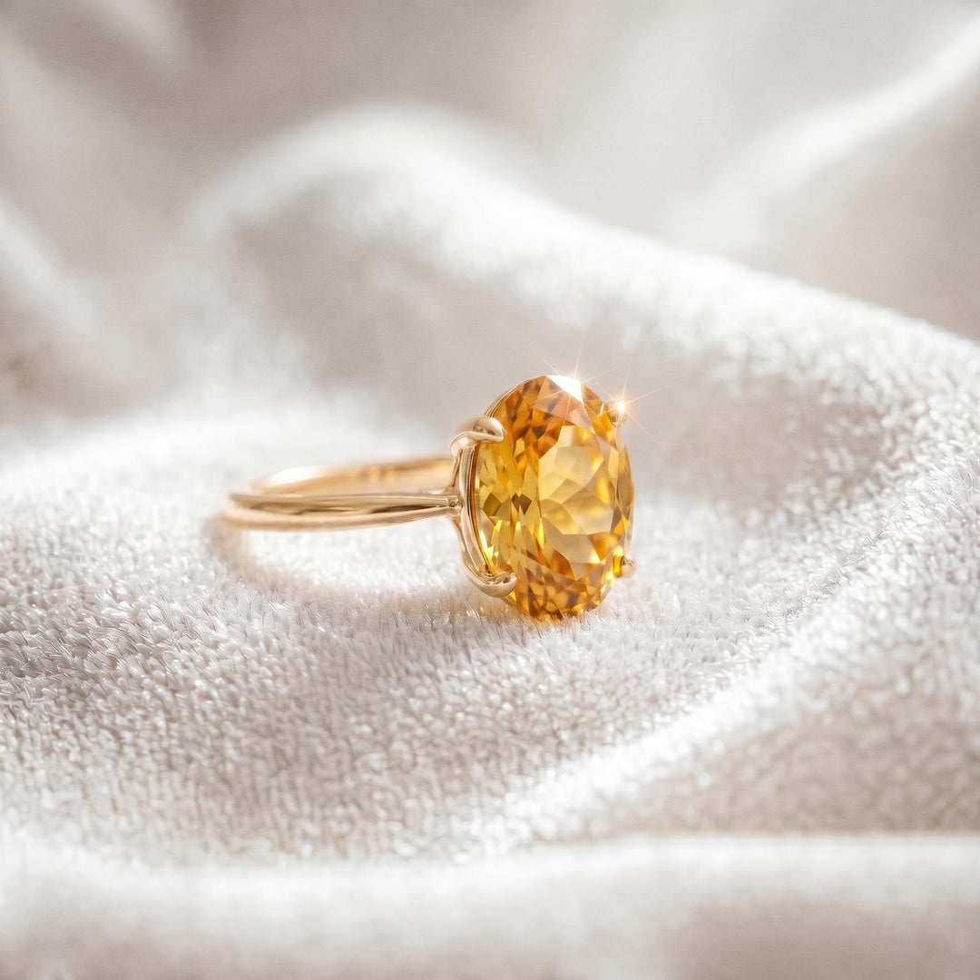 Yellow Citrine Engagement Ring, Minimalist Oval Cut, 14K Gold Ring, For Women Prong Ring, Birthstone Jewelry, Gift For Love Engraved Ring