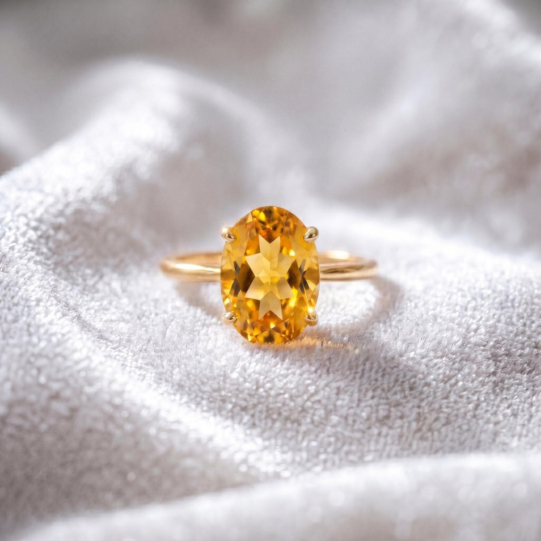 Yellow Citrine Engagement Ring, Minimalist Oval Cut, 14K Gold Ring, For Women Prong Ring, Birthstone Jewelry, Gift For Love Engraved Ring