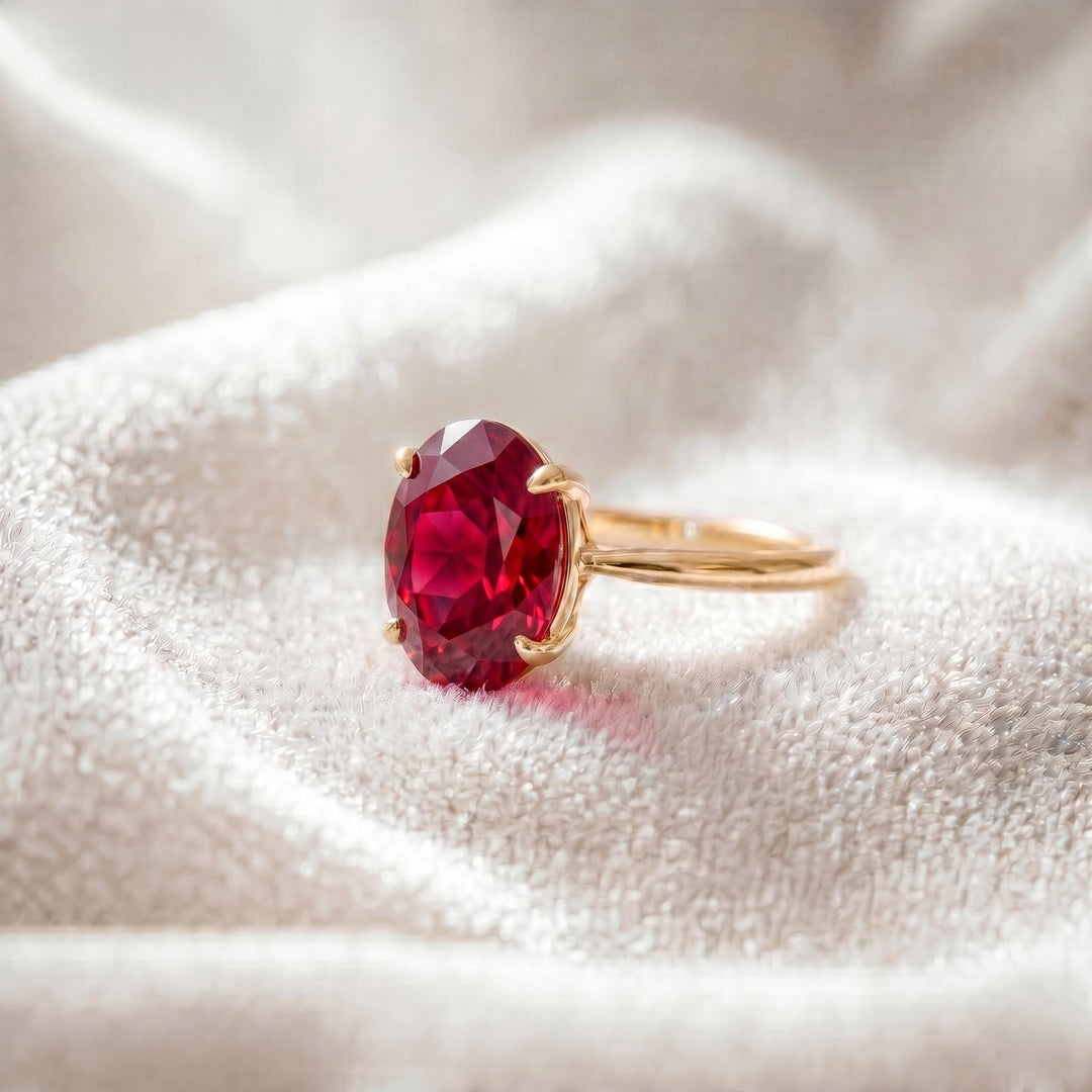 Lab Ruby Engagement Ring | 14K Gold Minimalist Ring | Solitaire Red Gemstone Statement Ring | Handmade Fine Jewelry Women Ring |Gift for Her