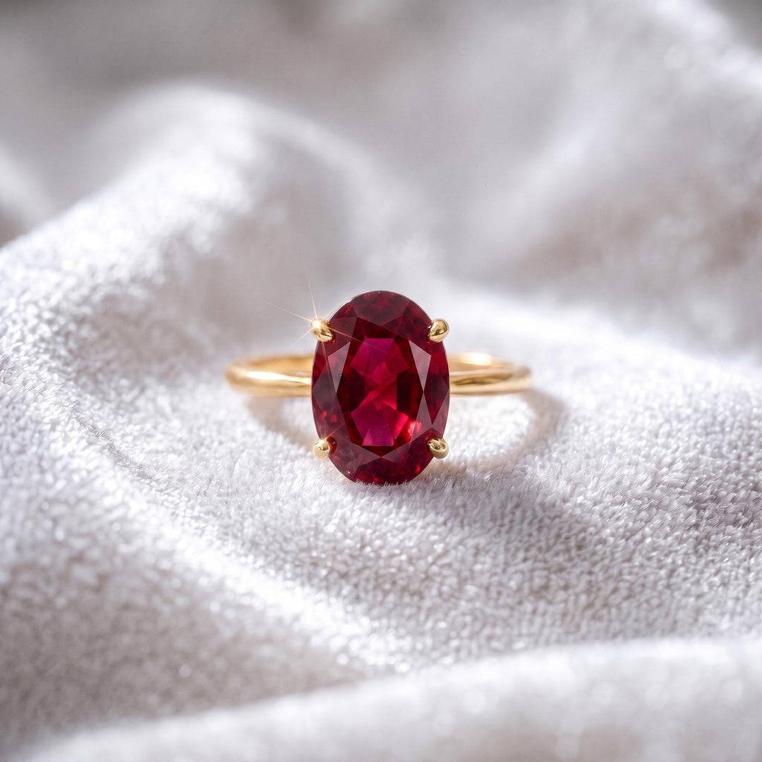 Lab Ruby Engagement Ring | 14K Gold Minimalist Ring | Solitaire Red Gemstone Statement Ring | Handmade Fine Jewelry Women Ring |Gift for Her