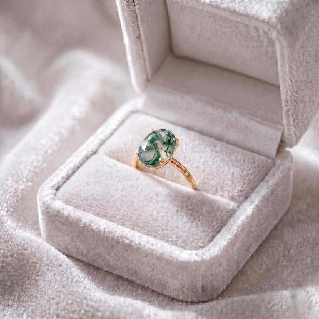 Natural Moss Agate Engagement Ring, Oval Shaped, 14K Solid Gold, Promise Ring, Nature Anniversary Ring, Bridal Jewelry Gift for Women & Wife