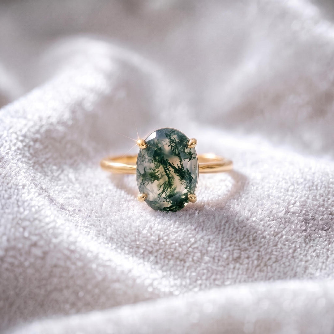 Natural Moss Agate Engagement Ring, Oval Shaped, 14K Solid Gold, Promise Ring, Nature Anniversary Ring, Bridal Jewelry Gift for Women & Wife