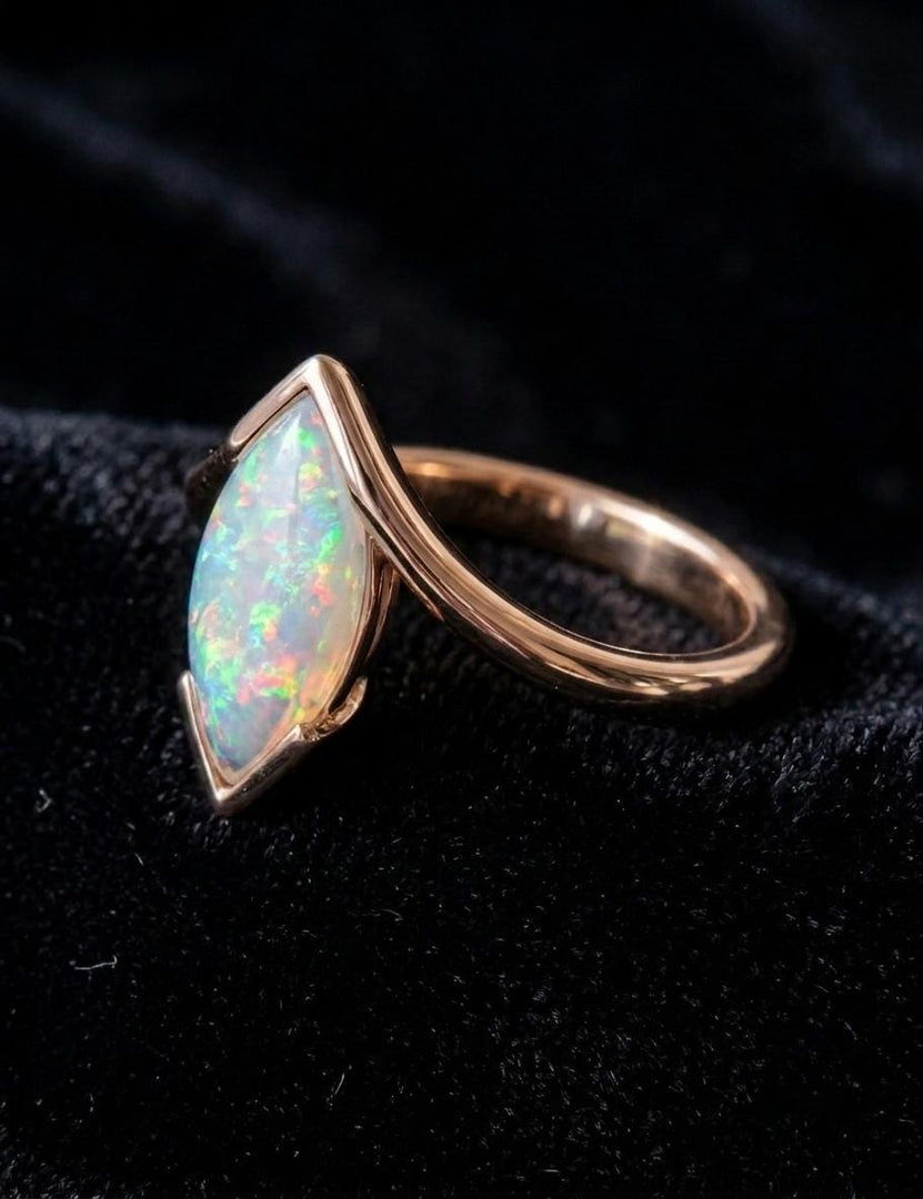 Vintage Opal Engagement Ring, Marquise Cut, Rose Gold Ring, Half Bezel Set Fire Opal Ring, October Birthstone, Women Jewelry Gift for Her