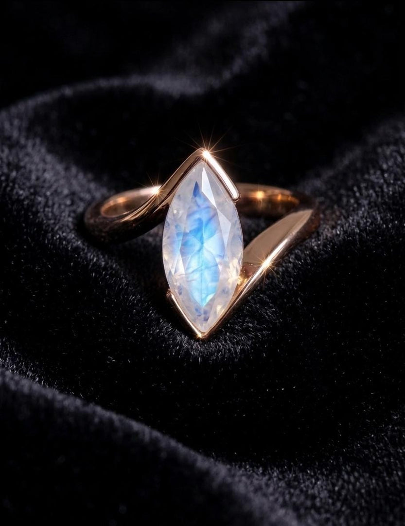 Rainbow Moonstone Engagement Ring, Marquise Cut, Rose Gold Ring, Elegant Half Bezel Set Marquise Ring, June Birthstone Jewelry Gift for Her