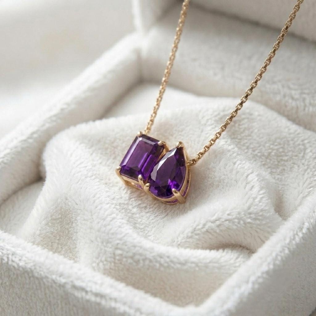 Amethyst Necklace, Purple Gemstone Necklace, Toi et Moi Necklace Pendant, Gift for Her, Bridal Jewelry, Wedding Jewelry, Anniversary Gift