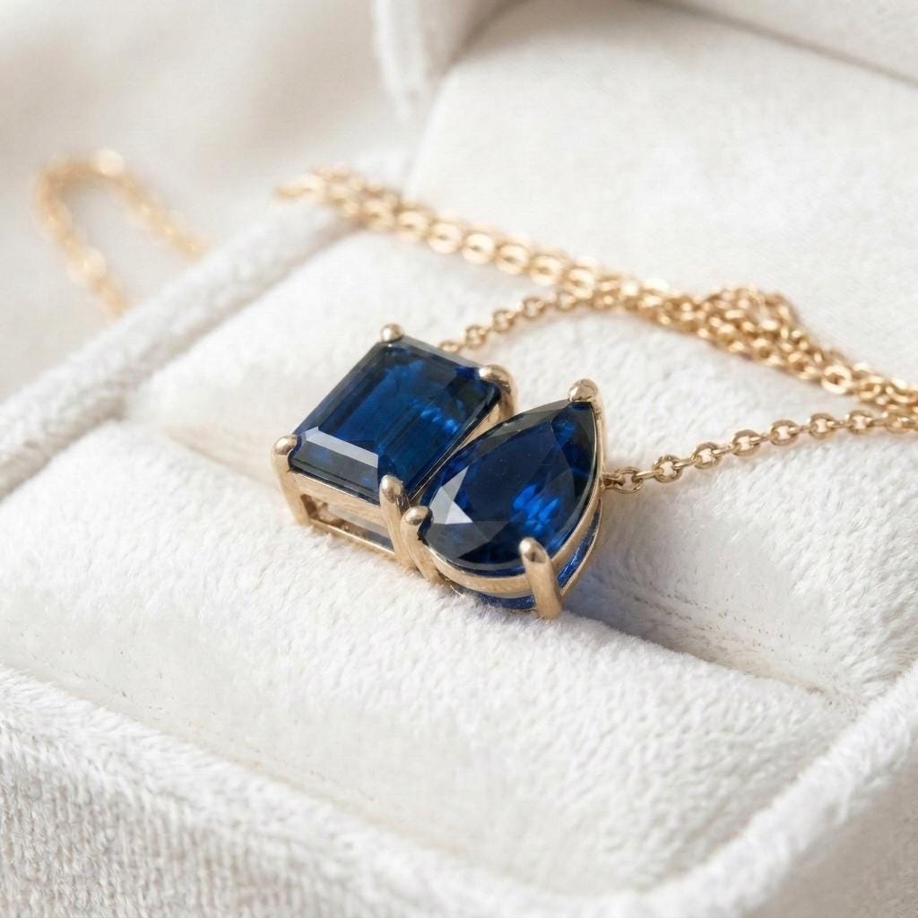 Sapphire Necklace, Blue Gemstone Necklace, Toi et Moi Necklace Pendant,  Bridal Jewelry, Wedding Jewelry, Anniversary Women Gift for Her