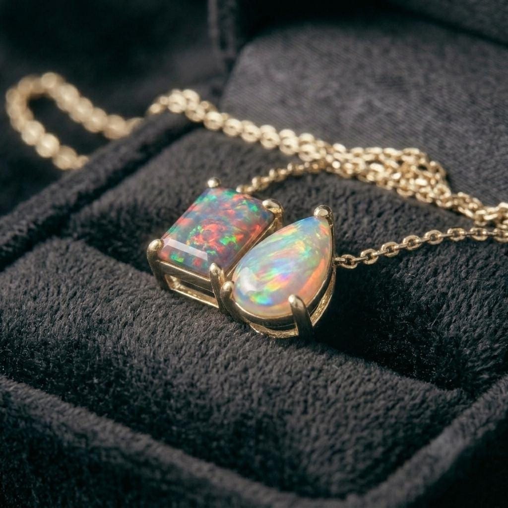 White Opal Necklace, Toi Et Moi Necklace Pendant, Emerald And Pear Cut Necklace, Bridal Jewelry, Wedding Jewelry, Anniversary Gift For Her