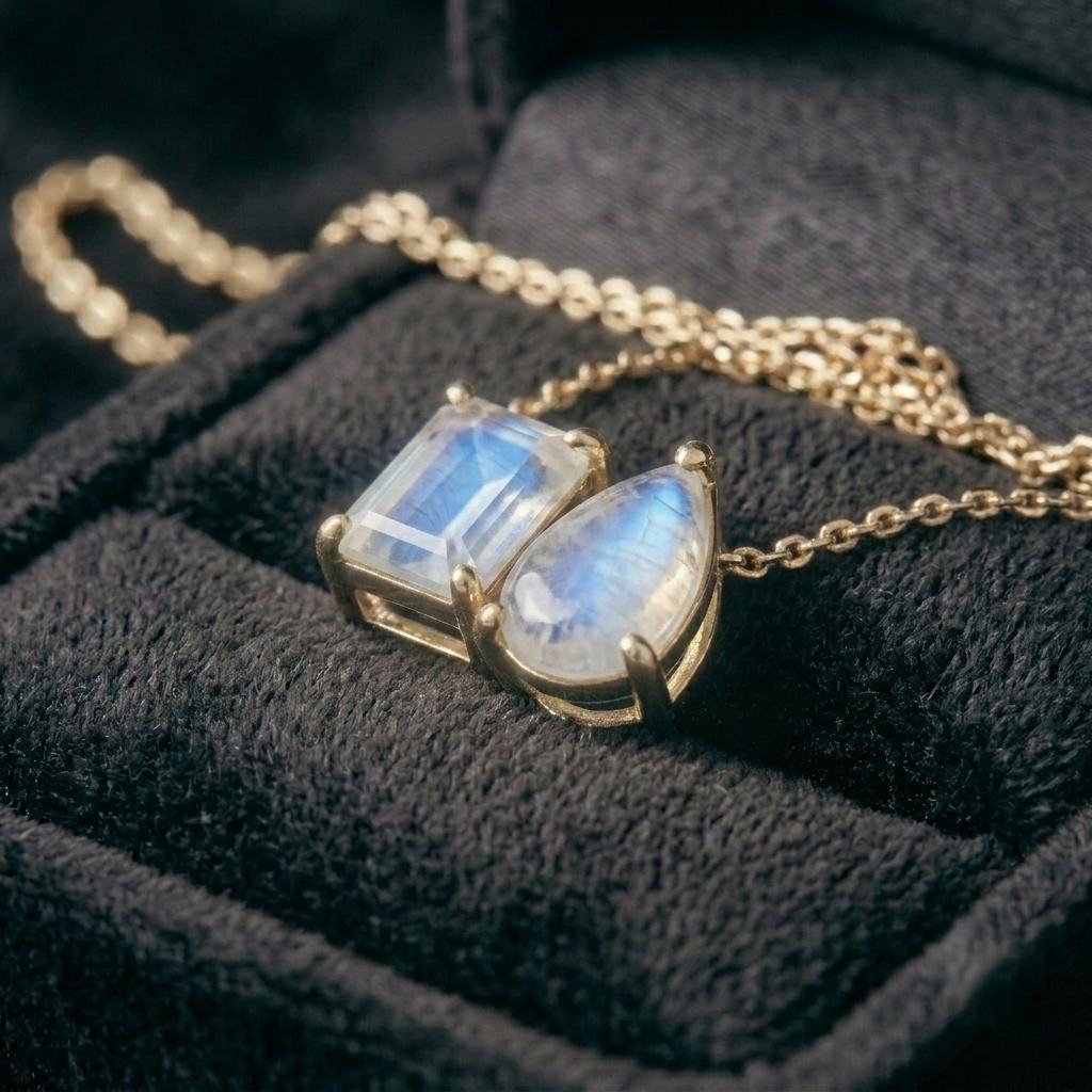Natural Moonstone Necklace, Toi et Moi Necklace, Emerald And Pear Cut Pendant, Bridal Jewelry, Wedding Jewelry Anniversary Necklace For Gift