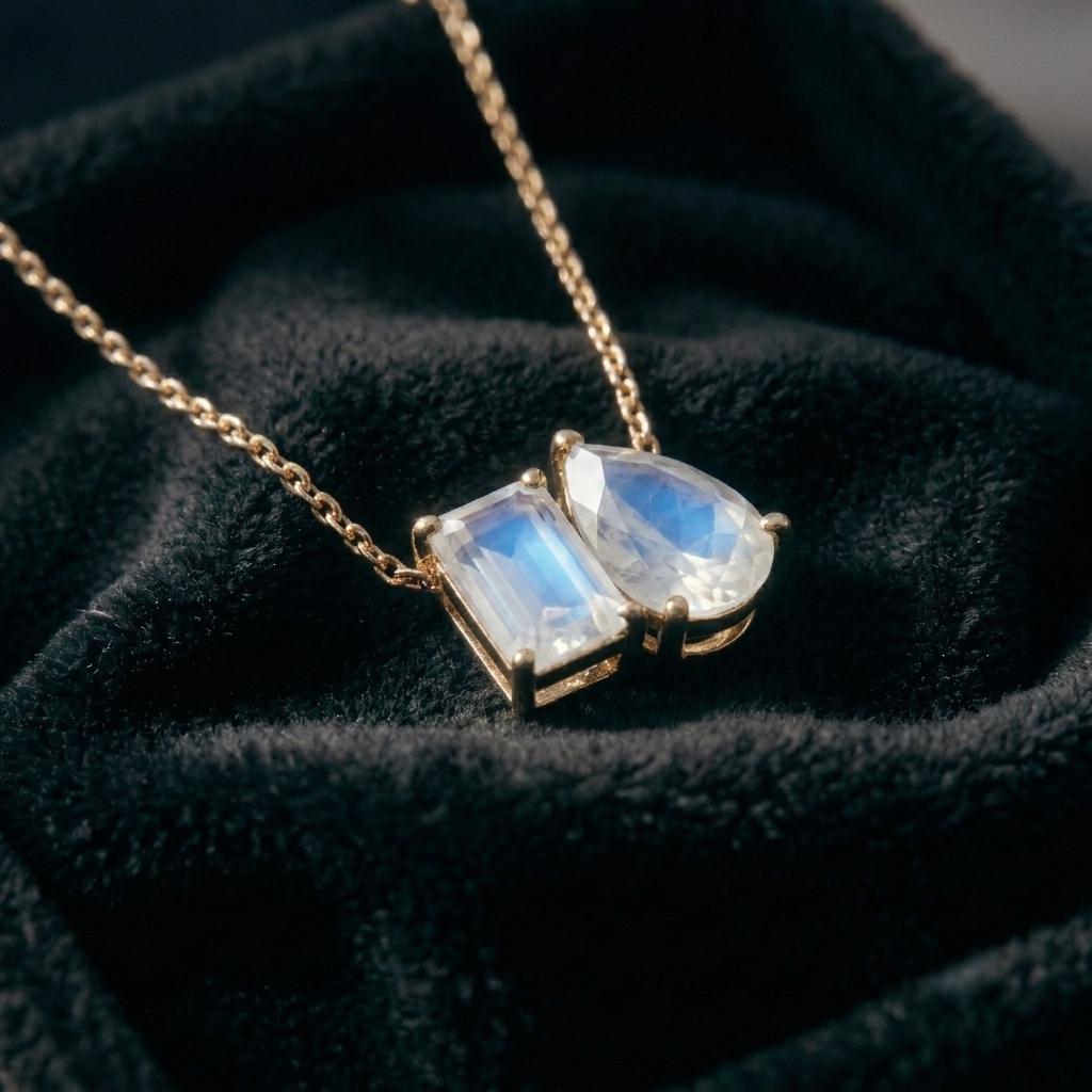 Natural Moonstone Necklace, Toi et Moi Necklace, Emerald And Pear Cut Pendant, Bridal Jewelry, Wedding Jewelry Anniversary Necklace For Gift