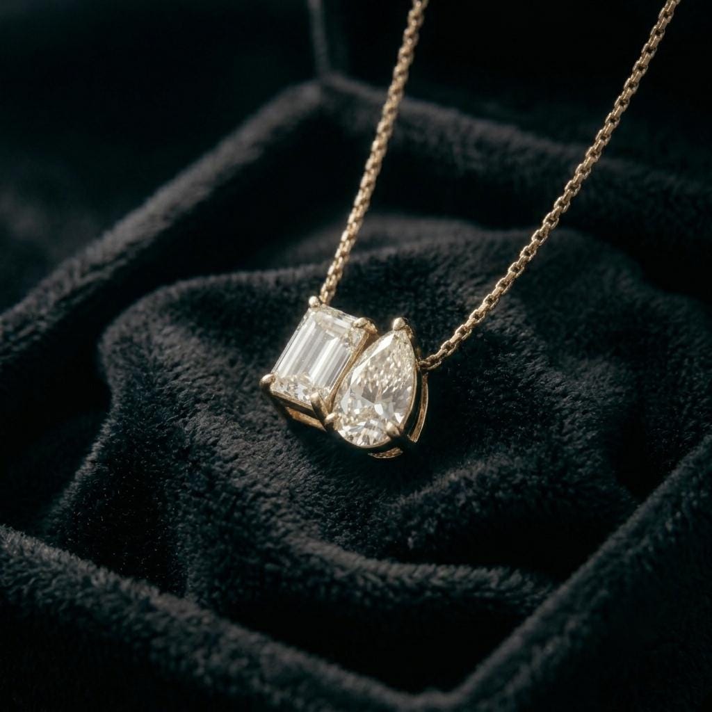 Moissanite Two Stone Necklace, Toi et Moi Necklace, 14K Solid Gold, Emerald and Pear, Women Pendant, Bridal Necklace, Anniversary For Gift