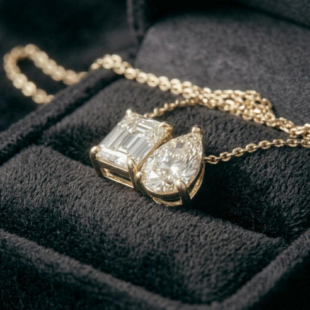 Moissanite Two Stone Necklace, Toi et Moi Necklace, 14K Solid Gold, Emerald and Pear, Women Pendant, Bridal Necklace, Anniversary For Gift