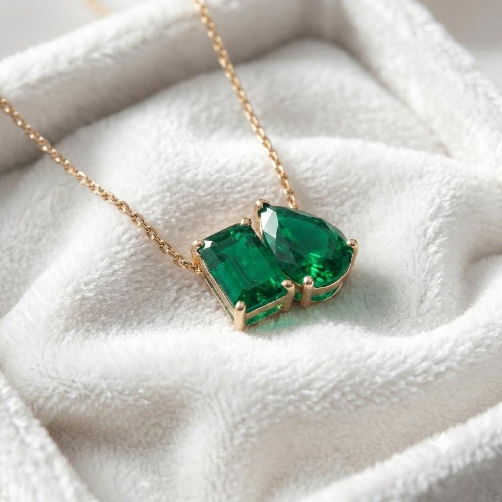 Emerald Two Stone Necklace, Green Gemstone Necklace, Toi et Moi Necklace Pendant, Bridal Jewelry, Wedding Jewelry, Anniversary Gift For Her