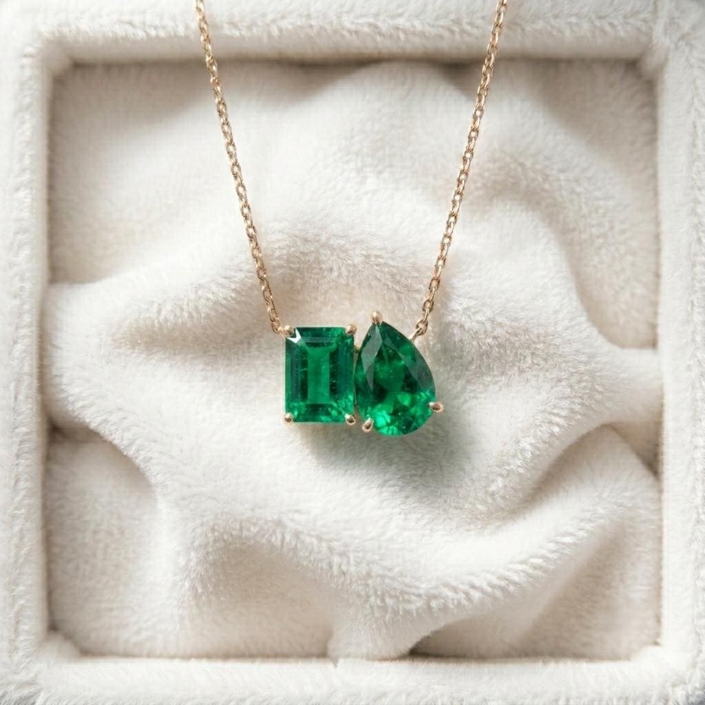 Emerald Two Stone Necklace, Green Gemstone Necklace, Toi et Moi Necklace Pendant, Bridal Jewelry, Wedding Jewelry, Anniversary Gift For Her