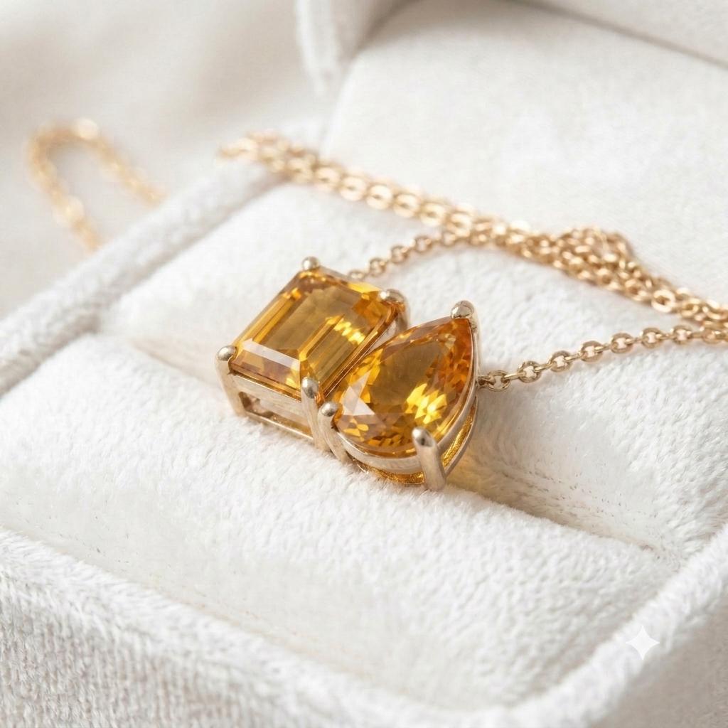 Natural Citrine Pendant Necklace, Pear Cut Necklace, Minimalist Two Gemstone Necklace, Lovers Couple Women Pendant Wedding Jewelry For Gift