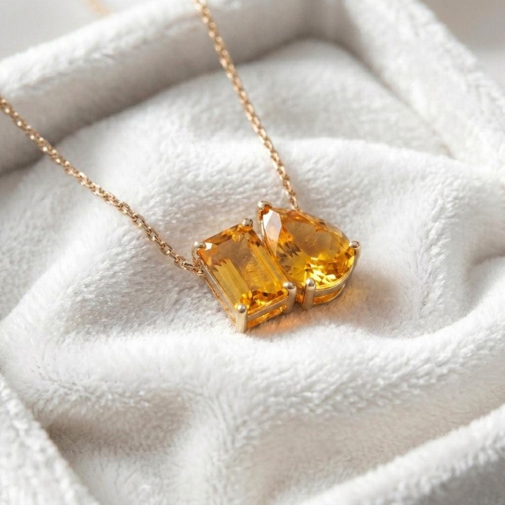 Natural Citrine Pendant Necklace, Pear Cut Necklace, Minimalist Two Gemstone Necklace, Lovers Couple Women Pendant Wedding Jewelry For Gift