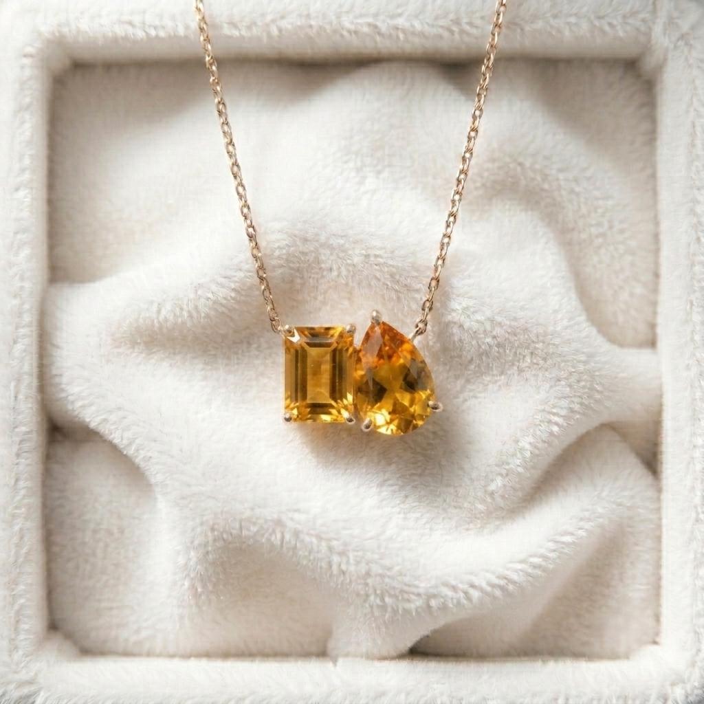 Natural Citrine Pendant Necklace, Pear Cut Necklace, Minimalist Two Gemstone Necklace, Lovers Couple Women Pendant Wedding Jewelry For Gift