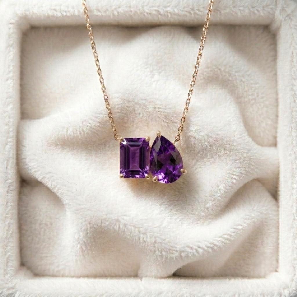 Amethyst Necklace, Purple Gemstone Necklace, Toi et Moi Necklace Pendant, Gift for Her, Bridal Jewelry, Wedding Jewelry, Anniversary Gift