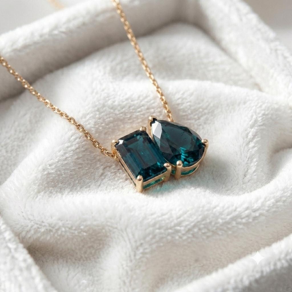 London Blue Topaz Two Stone Necklace, Toi et Moi Necklace, 14K Gold, Emerald and Pear, Women Pendant, Bridal Necklace, Anniversary For Gift