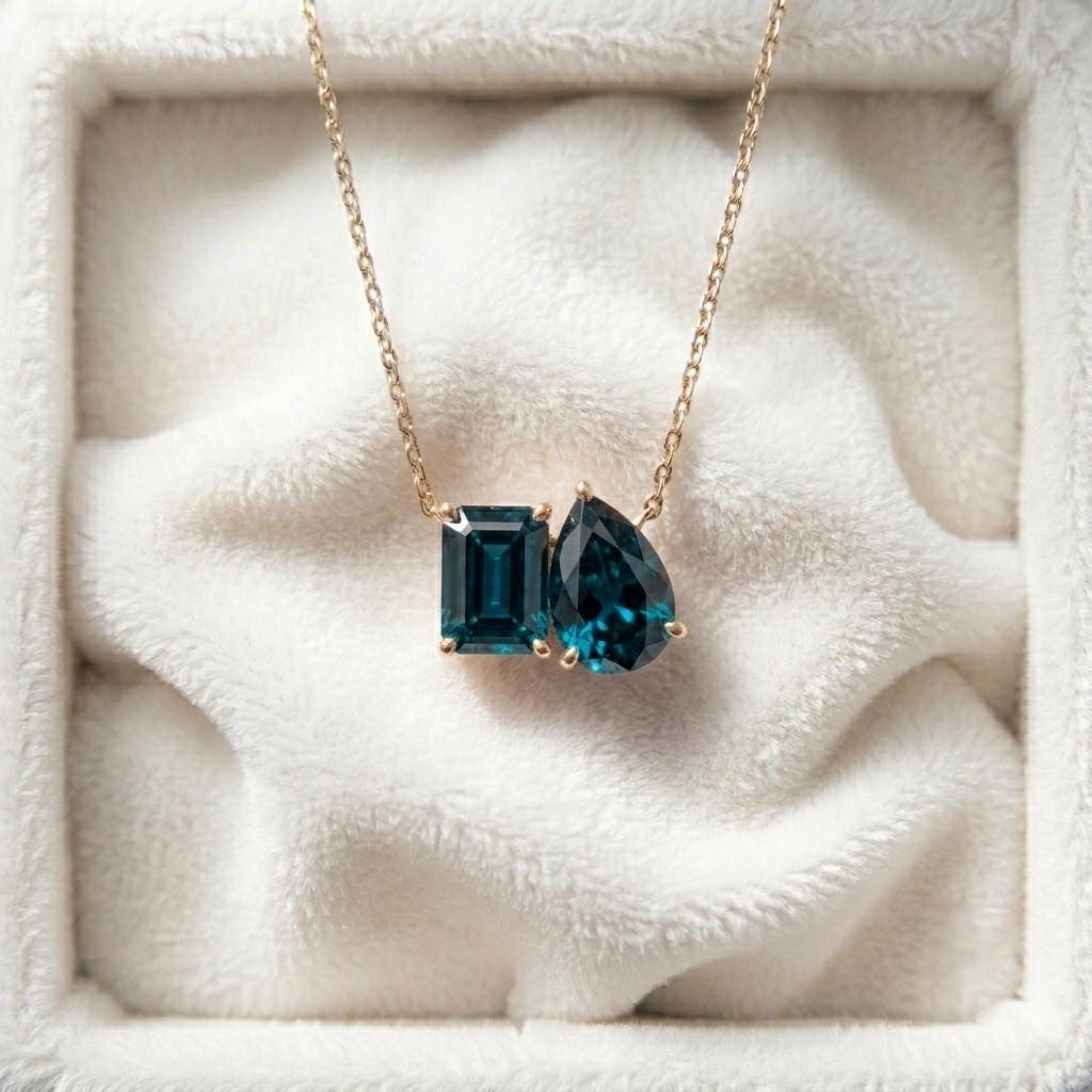 London Blue Topaz Two Stone Necklace, Toi et Moi Necklace, 14K Gold, Emerald and Pear, Women Pendant, Bridal Necklace, Anniversary For Gift