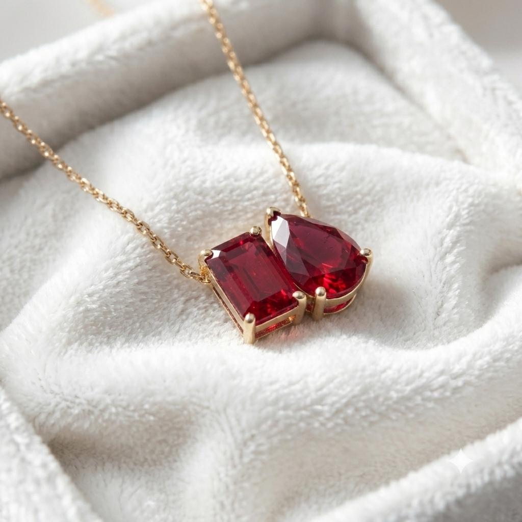 Red Ruby Necklace, Toi Et Moi Necklace Pendant, Emerald And Pear Cut Necklace, Bridal Jewelry, Wedding Jewelry, Anniversary Gift For Her