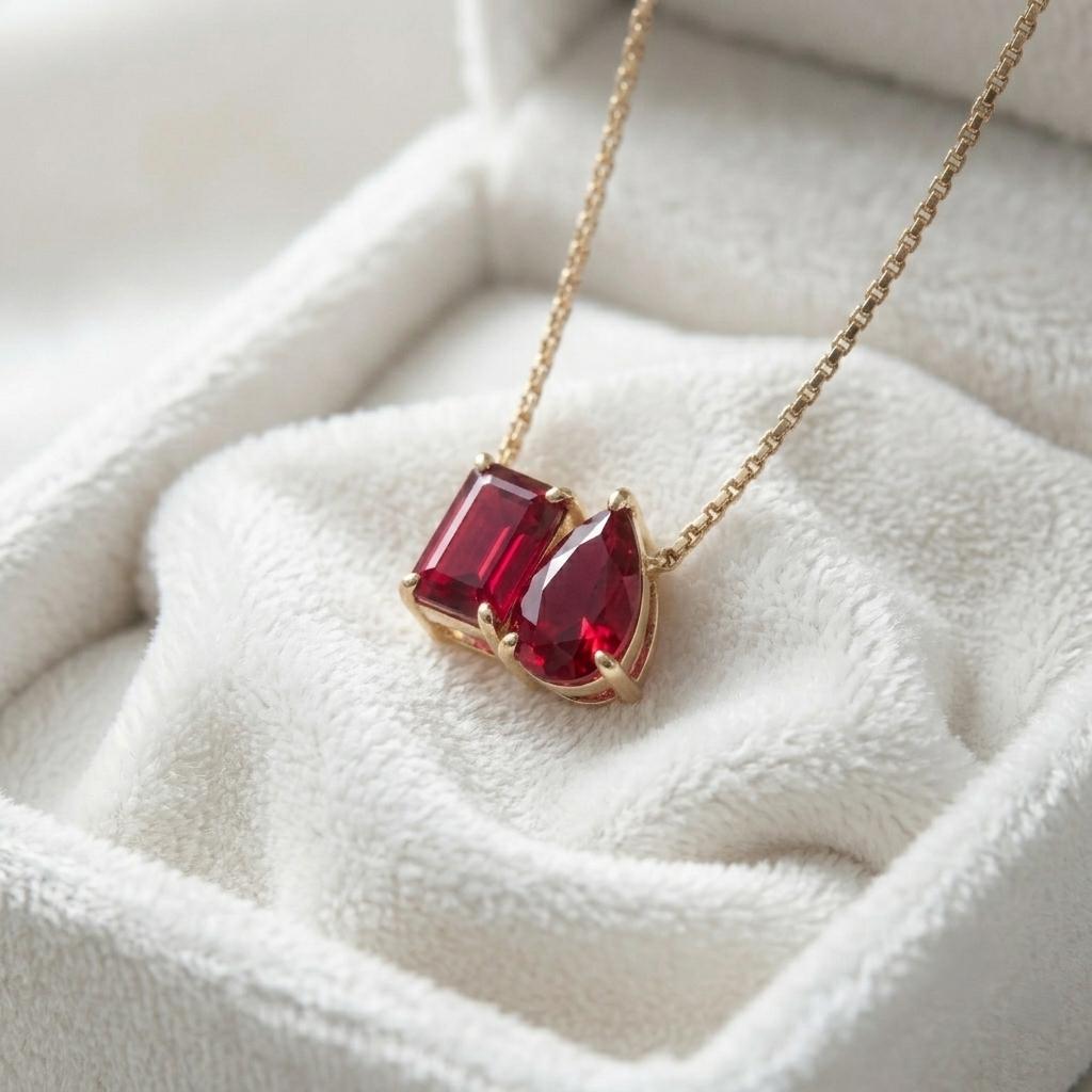 Red Ruby Necklace, Toi Et Moi Necklace Pendant, Emerald And Pear Cut Necklace, Bridal Jewelry, Wedding Jewelry, Anniversary Gift For Her
