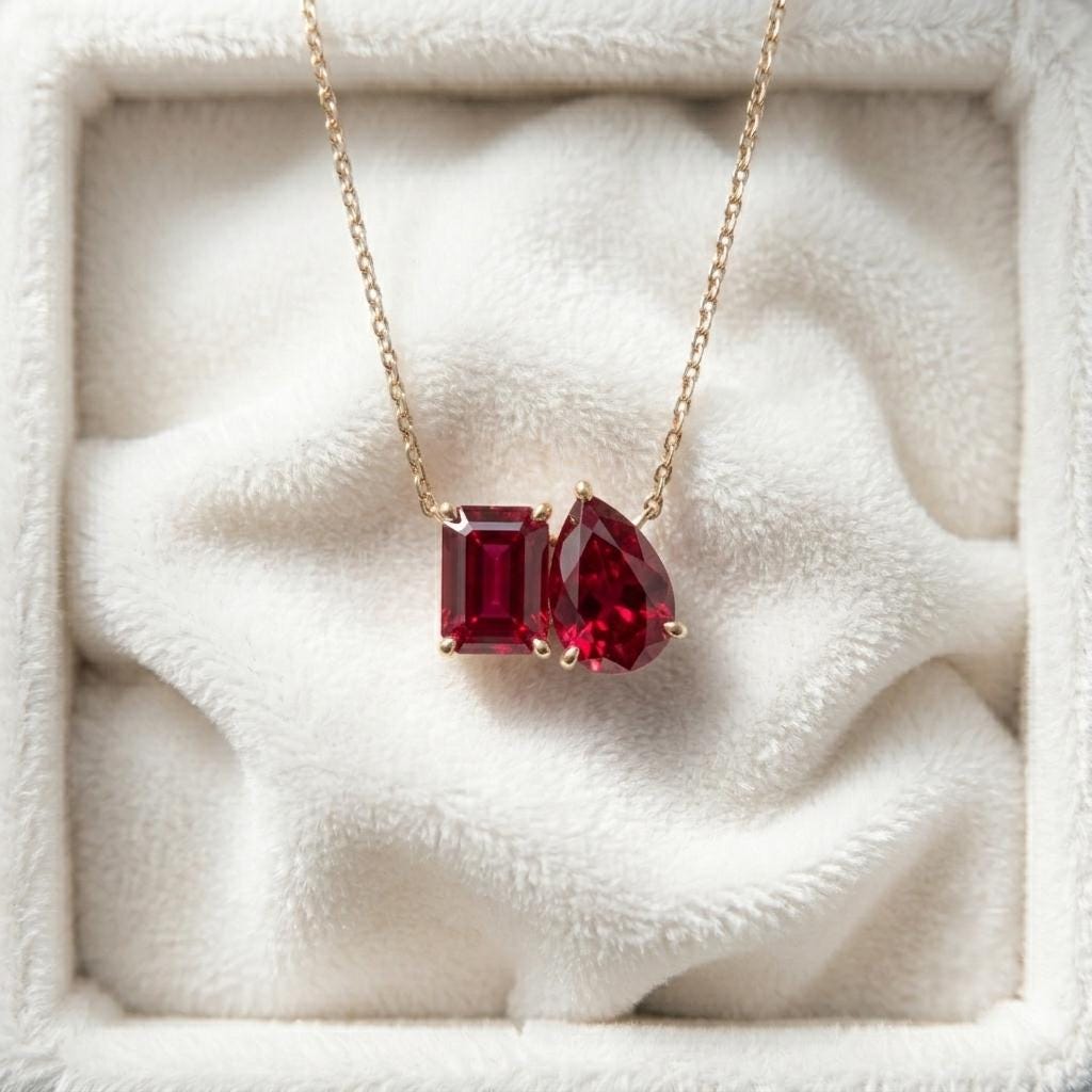 Red Ruby Necklace, Toi Et Moi Necklace Pendant, Emerald And Pear Cut Necklace, Bridal Jewelry, Wedding Jewelry, Anniversary Gift For Her