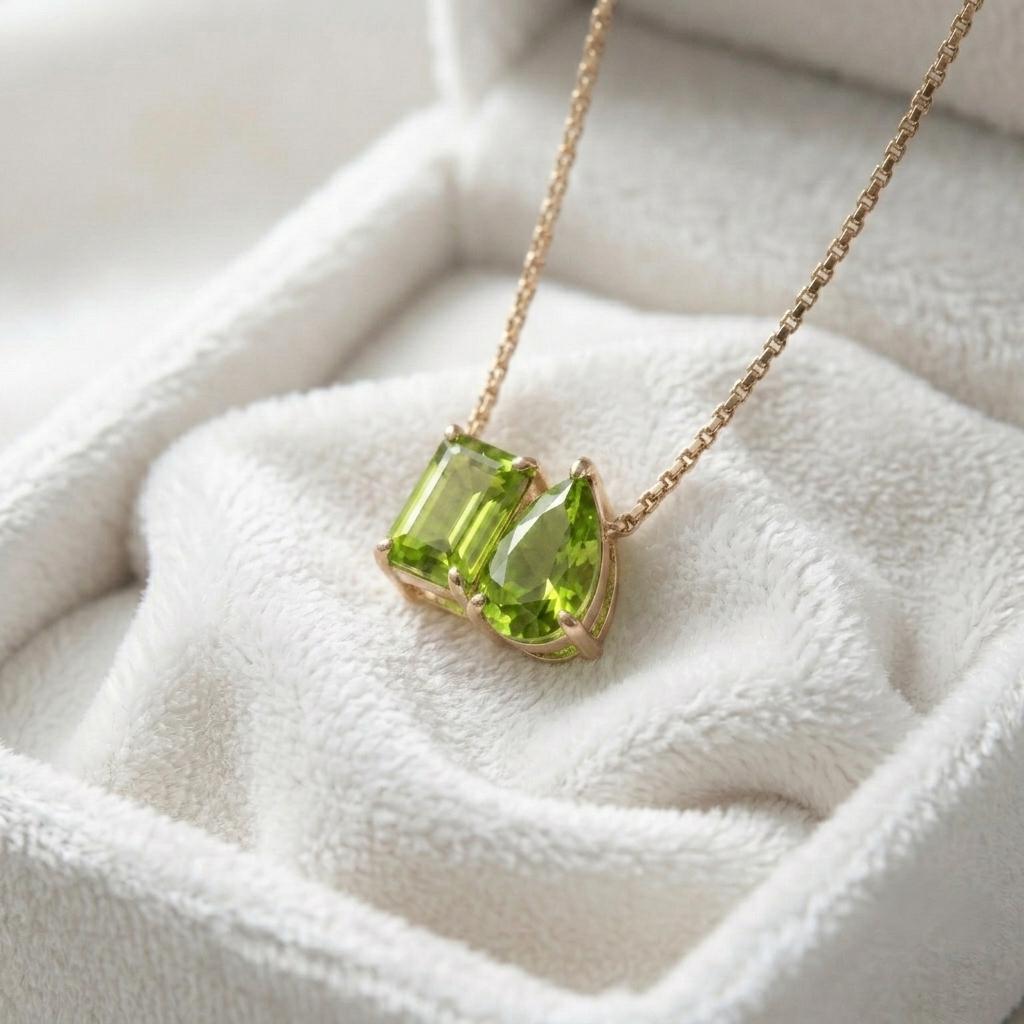 Natural Green Peridot Necklace, Toi et Moi Necklace, Emerald And Pear Cut Pendant, Bridal Jewelry, Wedding Jewelry Anniversary Necklace Gift