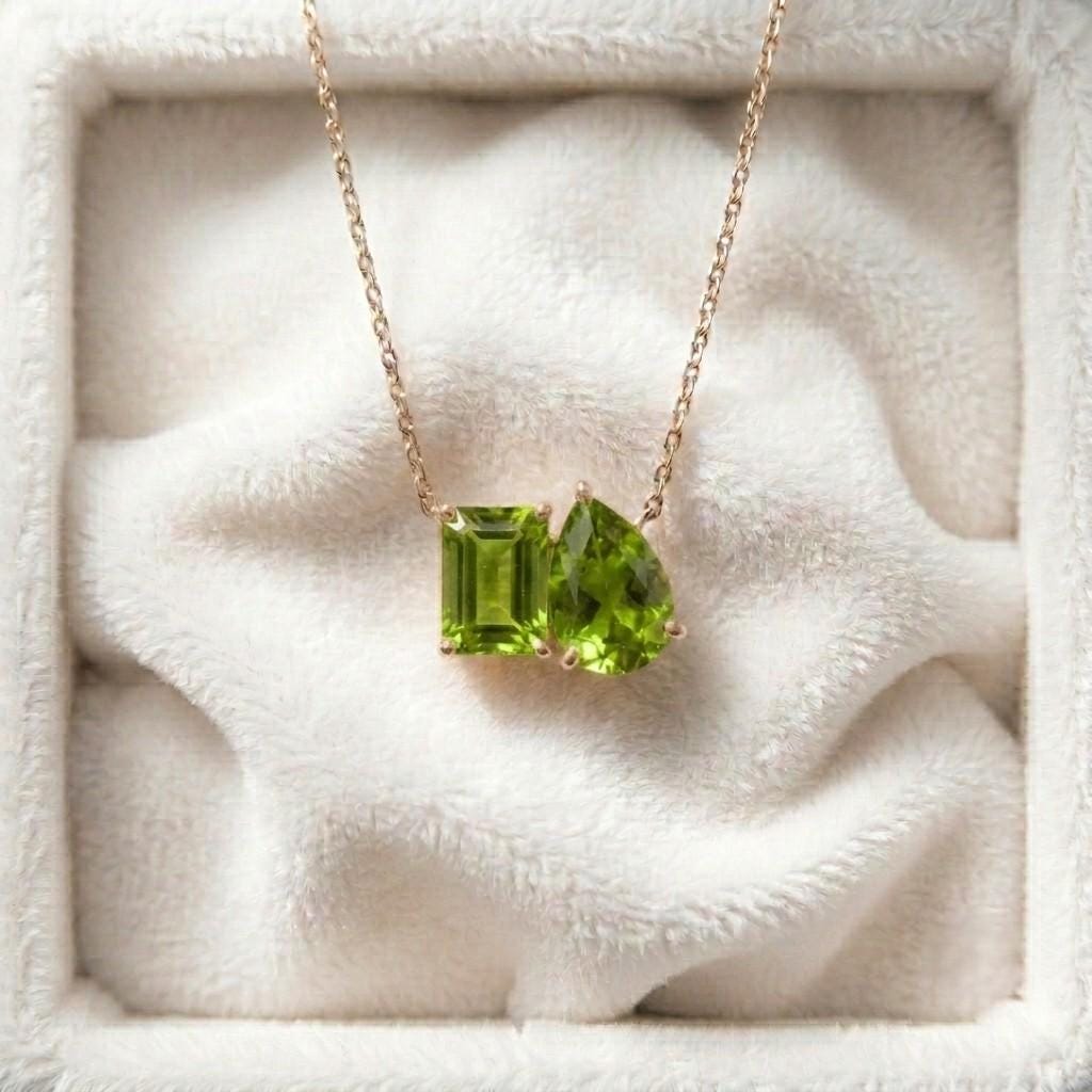 Natural Green Peridot Necklace, Toi et Moi Necklace, Emerald And Pear Cut Pendant, Bridal Jewelry, Wedding Jewelry Anniversary Necklace Gift
