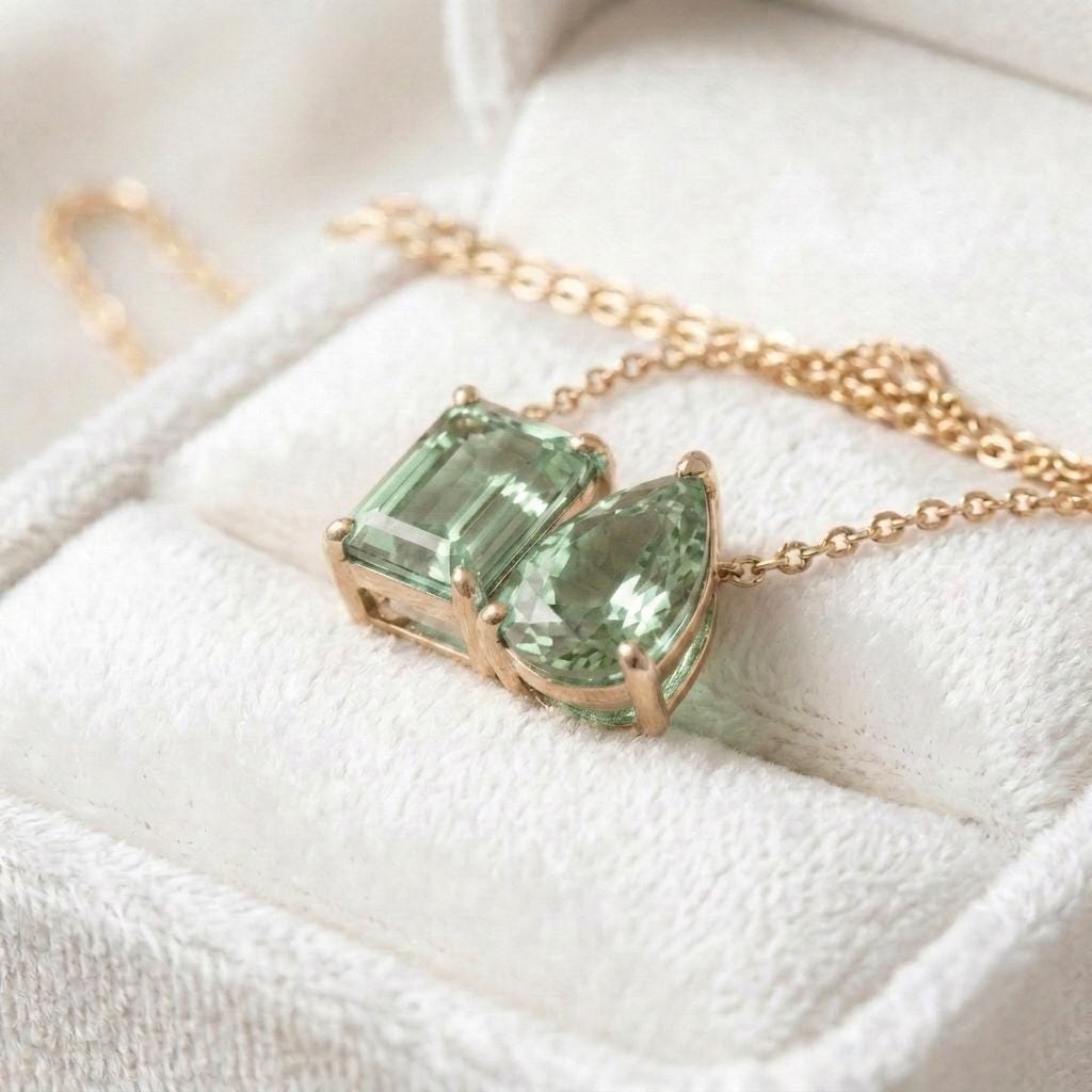 Green Amethyst Necklace, Two Gemstone Pendant, Toi et Moi Necklace Pendant, Bridal Jewelry, Wedding Jewelry, Anniversary Women Gift for Her