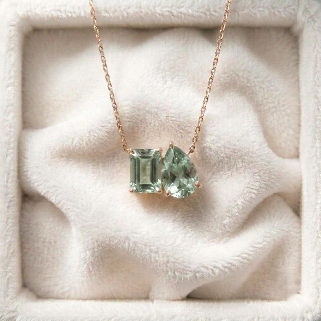 Green Amethyst Necklace, Two Gemstone Pendant, Toi et Moi Necklace Pendant, Bridal Jewelry, Wedding Jewelry, Anniversary Women Gift for Her