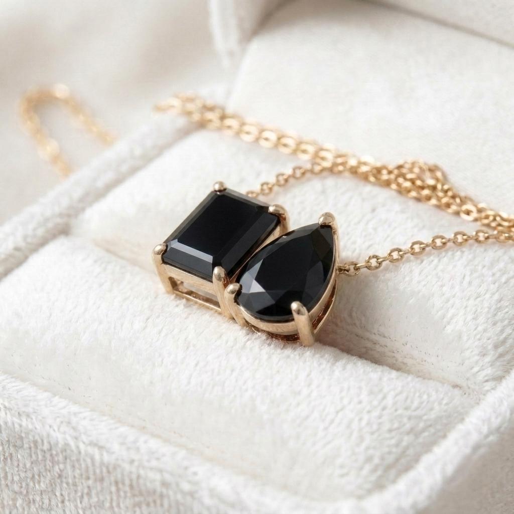 Natural Black Onyx Necklace, Two Black Gemstone Necklace, Toi et Moi Necklace Pendant, Bridal Jewelry, Wedding Jewelry, Anniversary For Gift