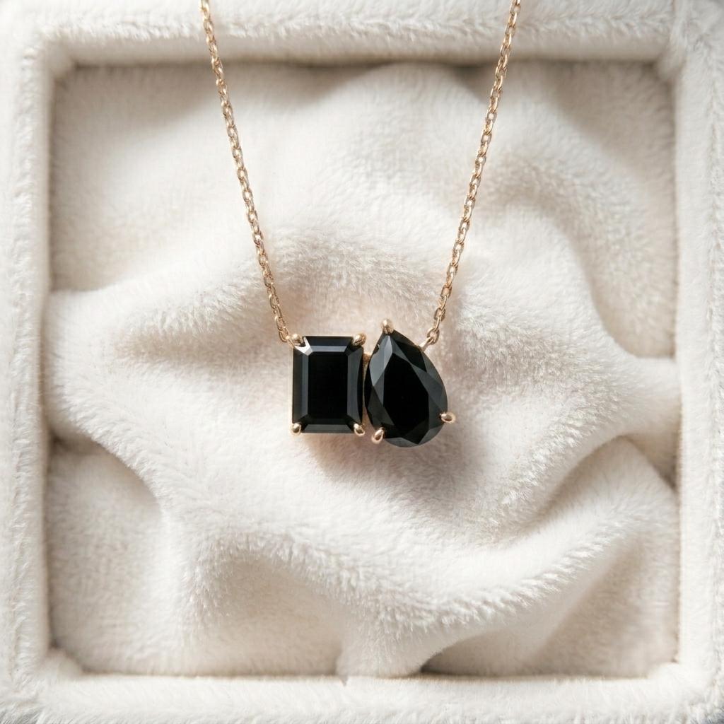 Natural Black Onyx Necklace, Two Black Gemstone Necklace, Toi et Moi Necklace Pendant, Bridal Jewelry, Wedding Jewelry, Anniversary For Gift