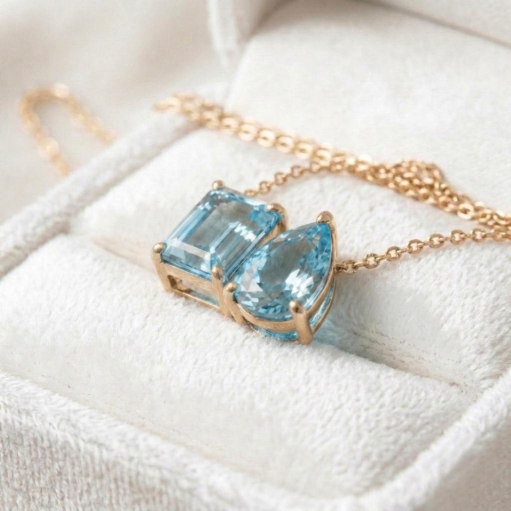 Aquamarine Two Stone Necklace, Blue Gemstone Necklace, Toi et Moi Necklace Pendant, Bridal Jewelry, Wedding Jewelry Anniversary Gift For Her