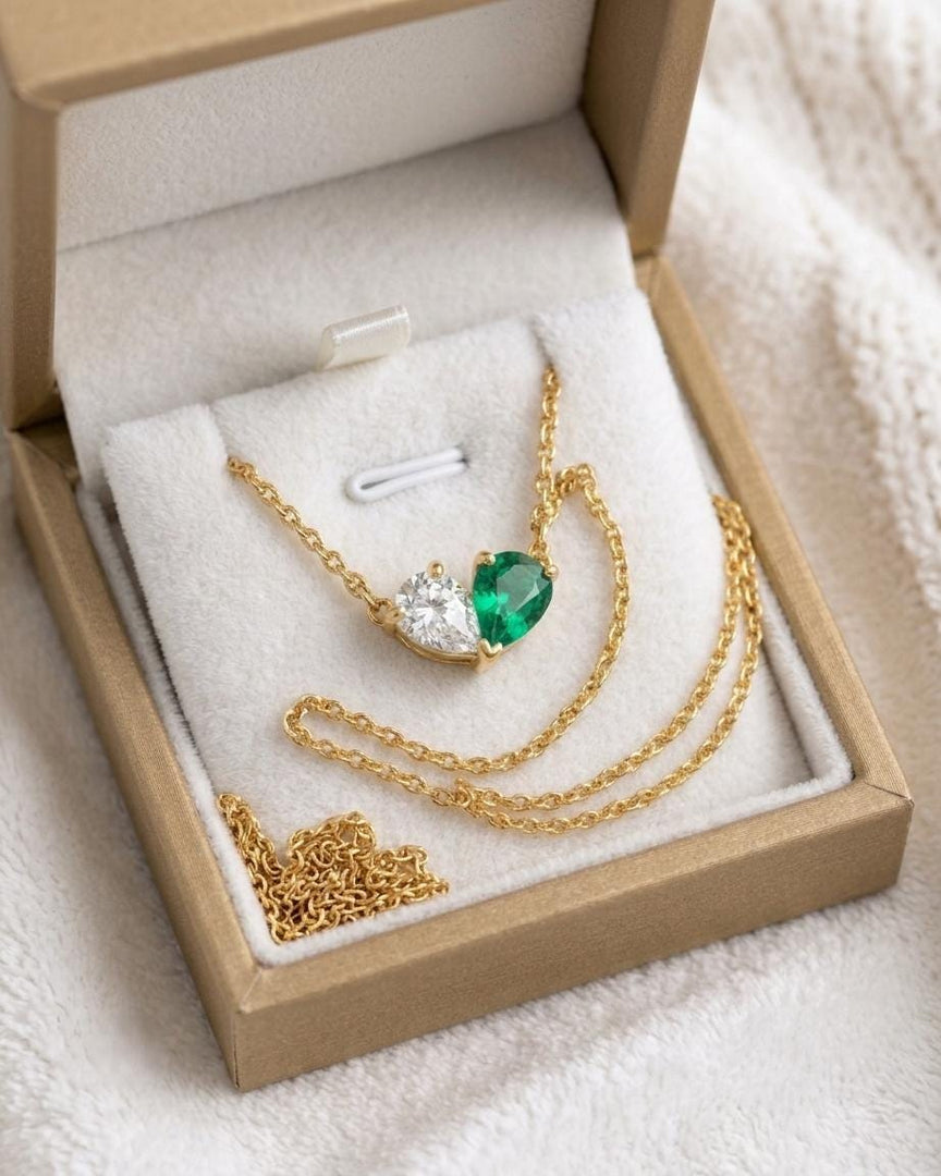 Emerald Necklace, Toi et Moi Pendant, Gold Personalized, Two Stone Pendant, Pear Emerald Moissanite Necklace Custom Anniversary Gift for Her