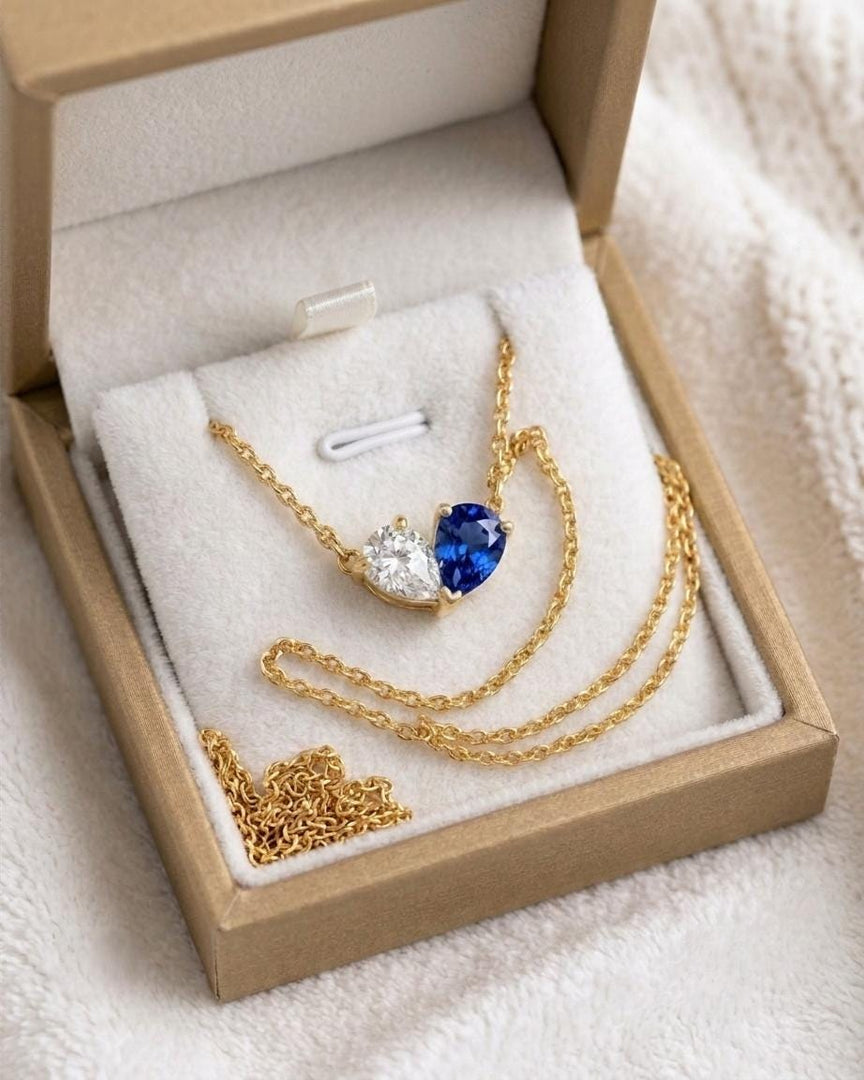 Blue Sapphire Necklace, Toi et Moi Pendant, Gold Personalized, Two Stone Pendant, Pear Sapphire Moissanite Necklace Anniversary Gift for Her