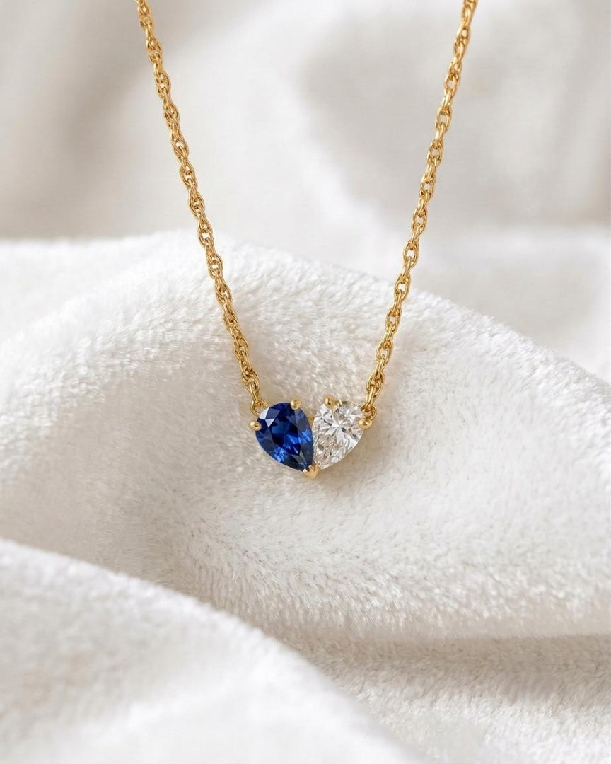 Blue Sapphire Necklace, Toi et Moi Pendant, Gold Personalized, Two Stone Pendant, Pear Sapphire Moissanite Necklace Anniversary Gift for Her