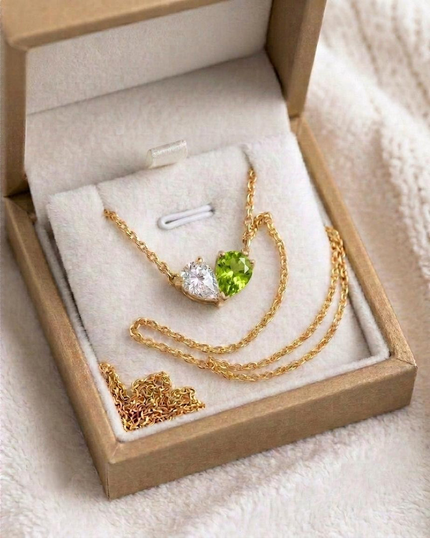 Green Peridot Necklace, Toi et Moi Pendant, Gold Personalized, Two Stone Pendant, Pear Peridot Moissanite Necklace, Anniversary Gift for Her
