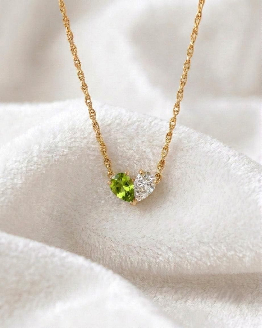 Green Peridot Necklace, Toi et Moi Pendant, Gold Personalized, Two Stone Pendant, Pear Peridot Moissanite Necklace, Anniversary Gift for Her